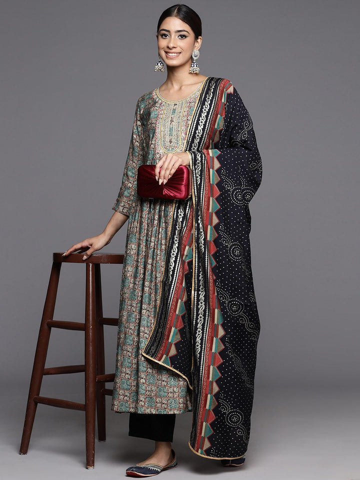 Blue Printed Silk Blend Anarkali Kurta With Trousers & Dupatta - Libas