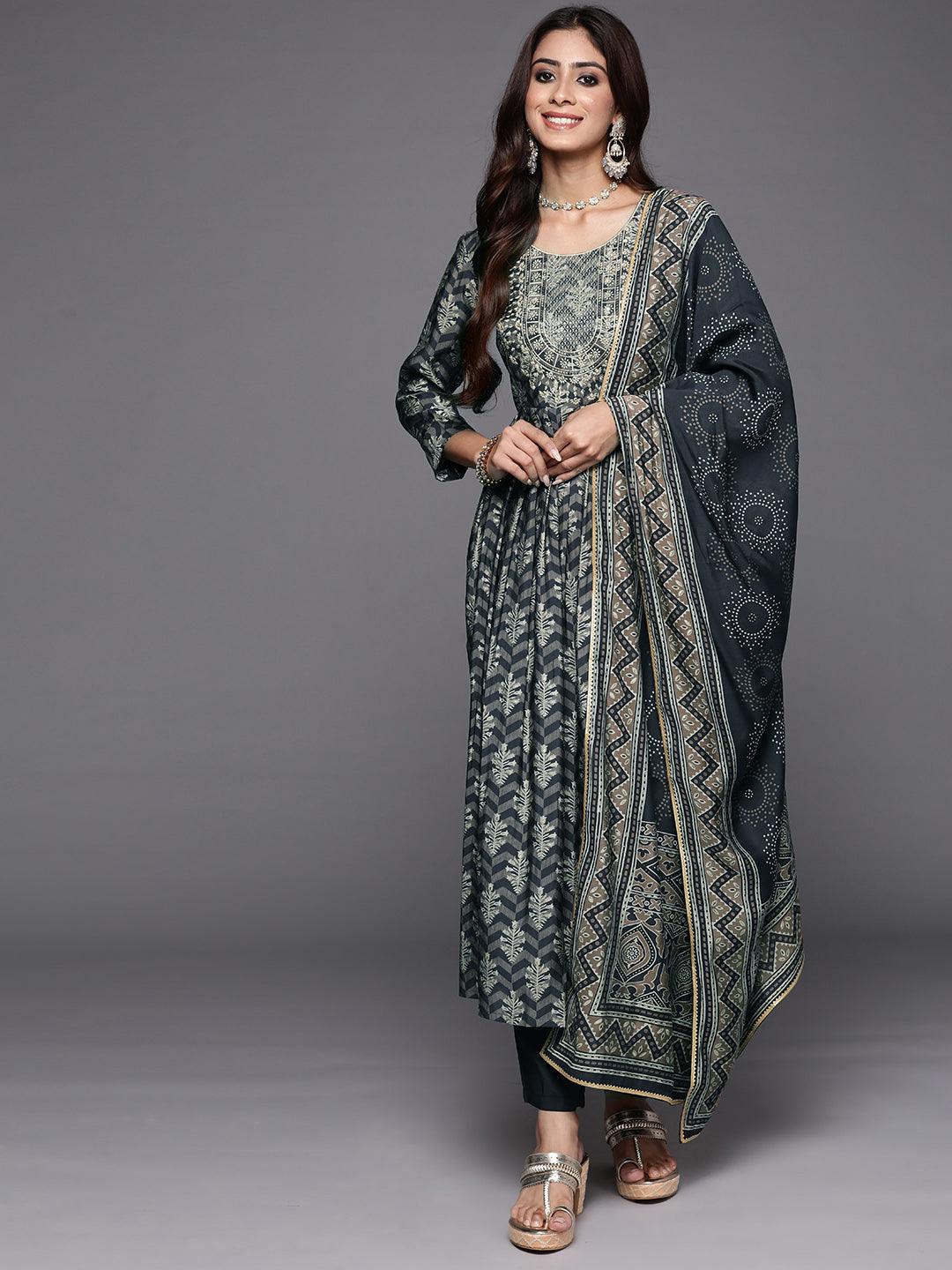 Blue Printed Silk Blend Anarkali Kurta With Trousers & Dupatta - Libas