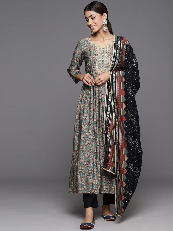 Blue Printed Silk Blend Anarkali Kurta With Trousers & Dupatta - Libas