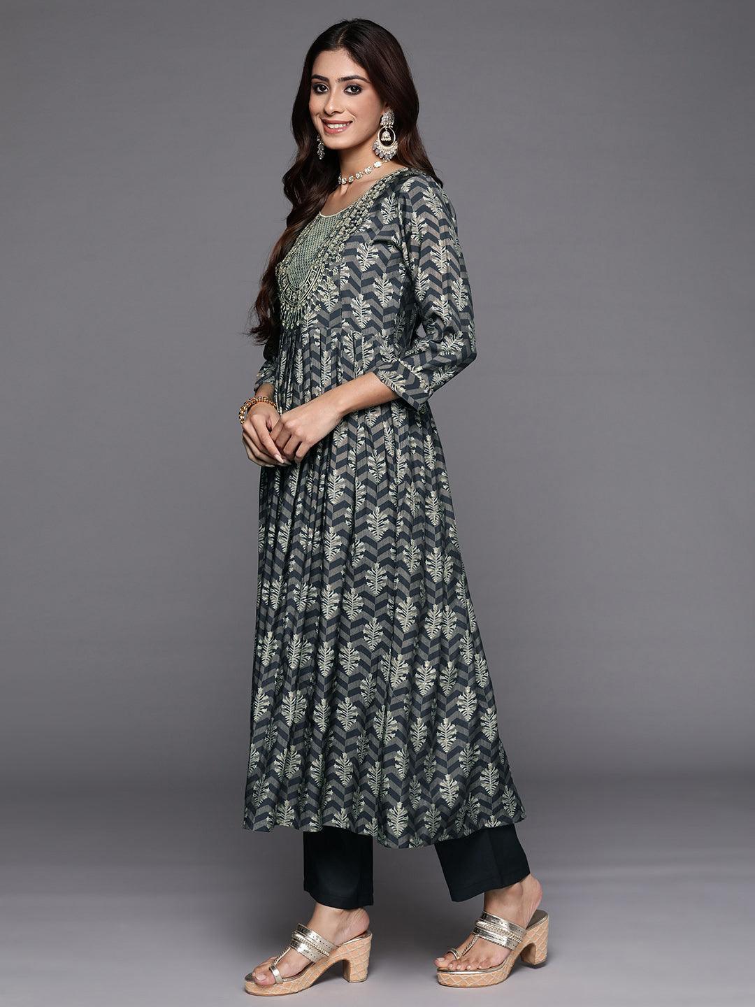 Blue Printed Silk Blend Anarkali Kurta With Trousers & Dupatta - Libas 