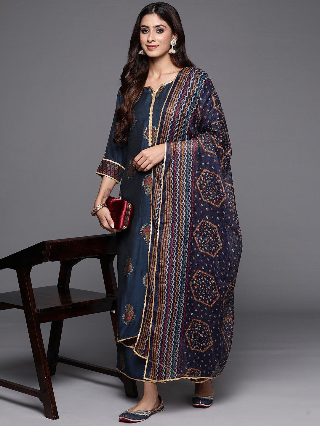 Blue Printed Silk Blend Straight Kurta With Palazzos & Dupatta - Libas 