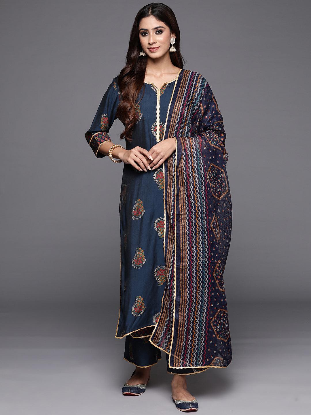 Blue Printed Silk Blend Straight Kurta With Palazzos & Dupatta - Libas 