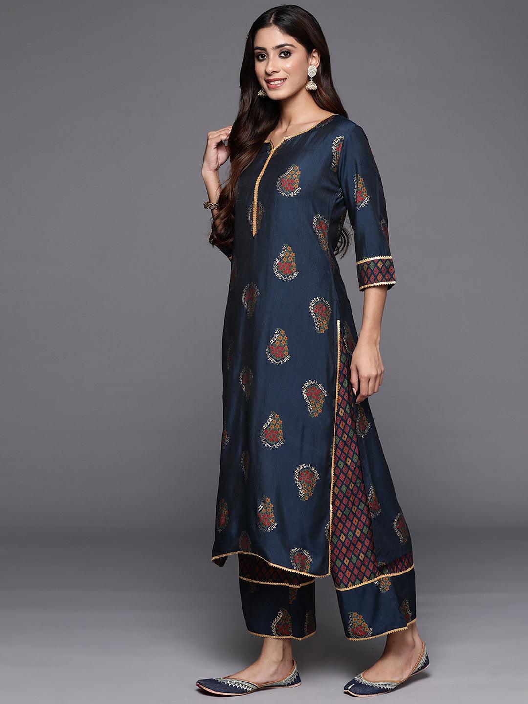 Blue Printed Silk Blend Straight Kurta With Palazzos & Dupatta - Libas 