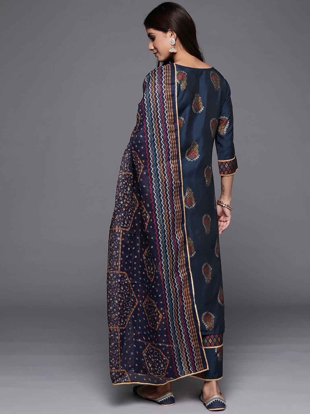 Blue Printed Silk Blend Straight Kurta With Palazzos & Dupatta - Libas 