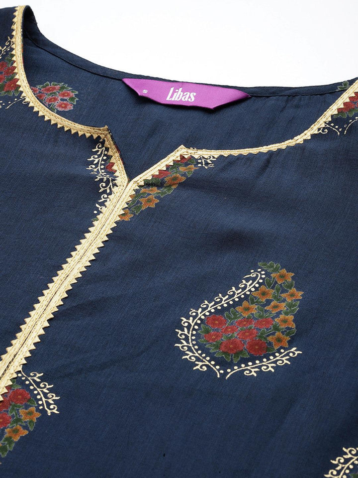 Blue Printed Silk Blend Straight Kurta With Palazzos & Dupatta - Libas