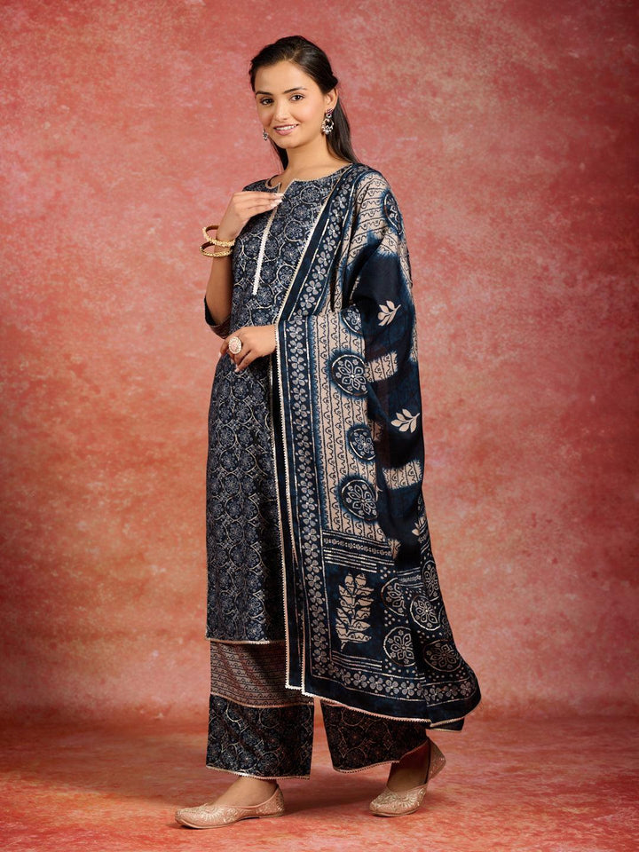 Blue Printed Silk Blend Straight Kurta With Palazzos & Dupatta - Libas