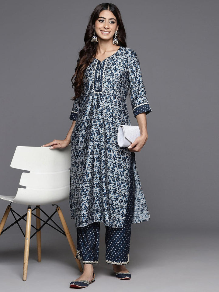 Blue Printed Silk Blend Straight Kurta With Palazzos - Libas