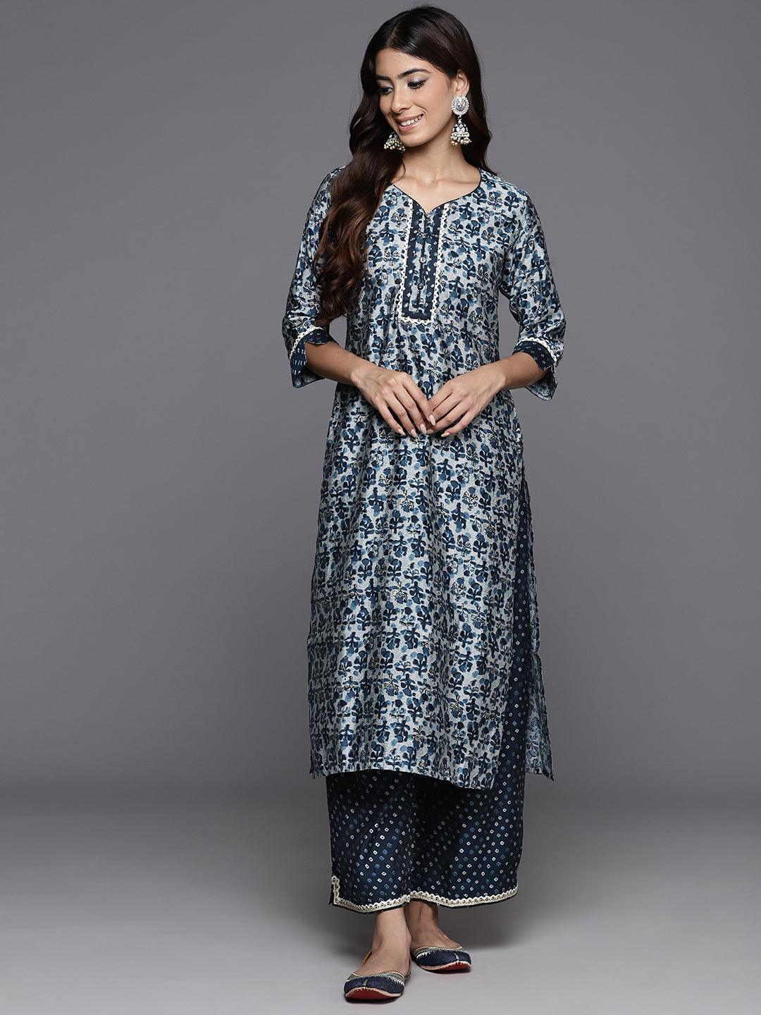 Blue Printed Silk Blend Straight Kurta With Palazzos - Libas