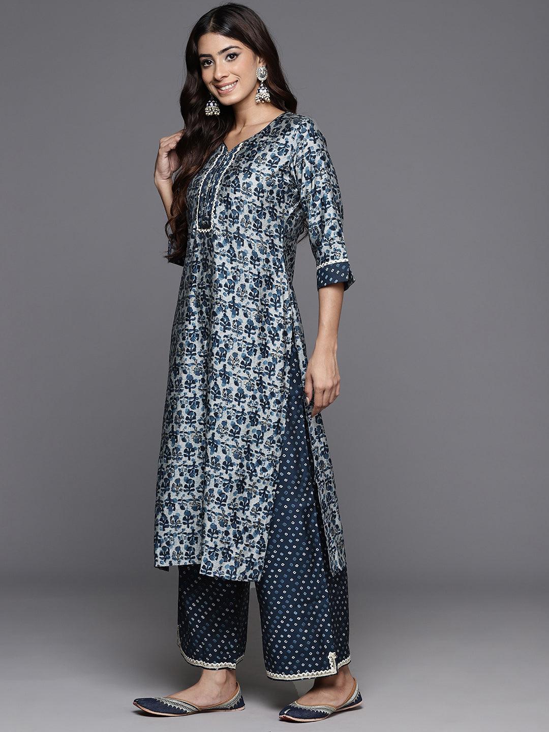 Blue Printed Silk Blend Straight Kurta With Palazzos - Libas