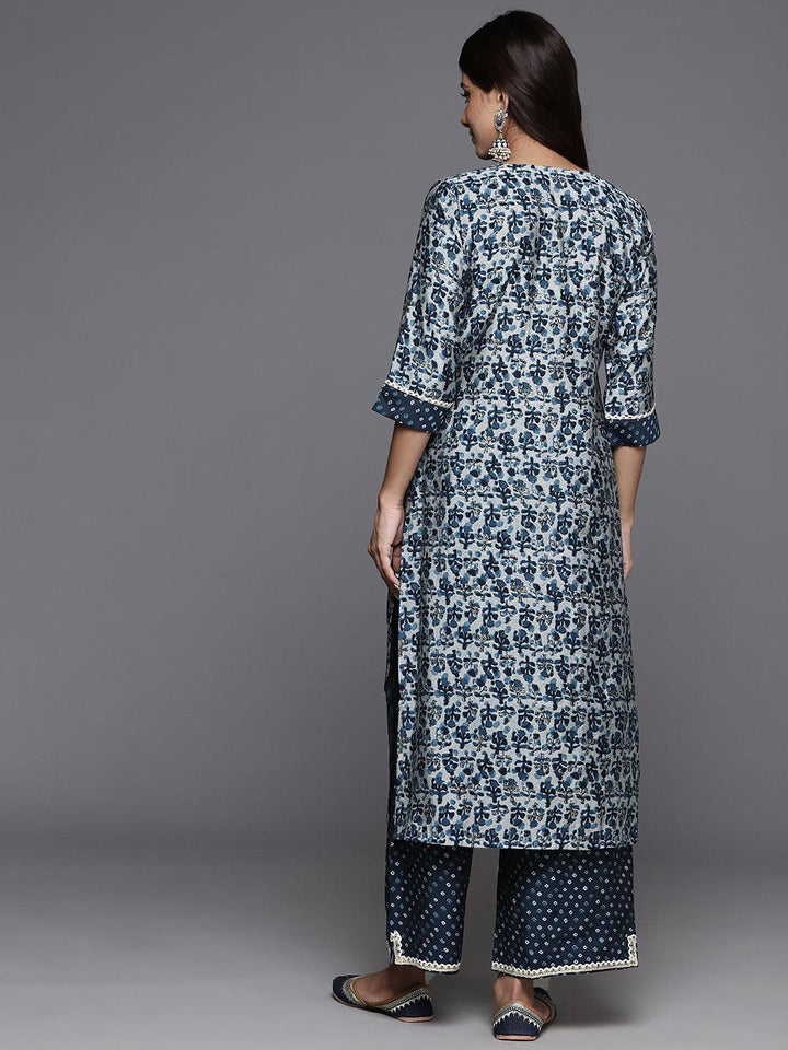 Blue Printed Silk Blend Straight Kurta With Palazzos - Libas