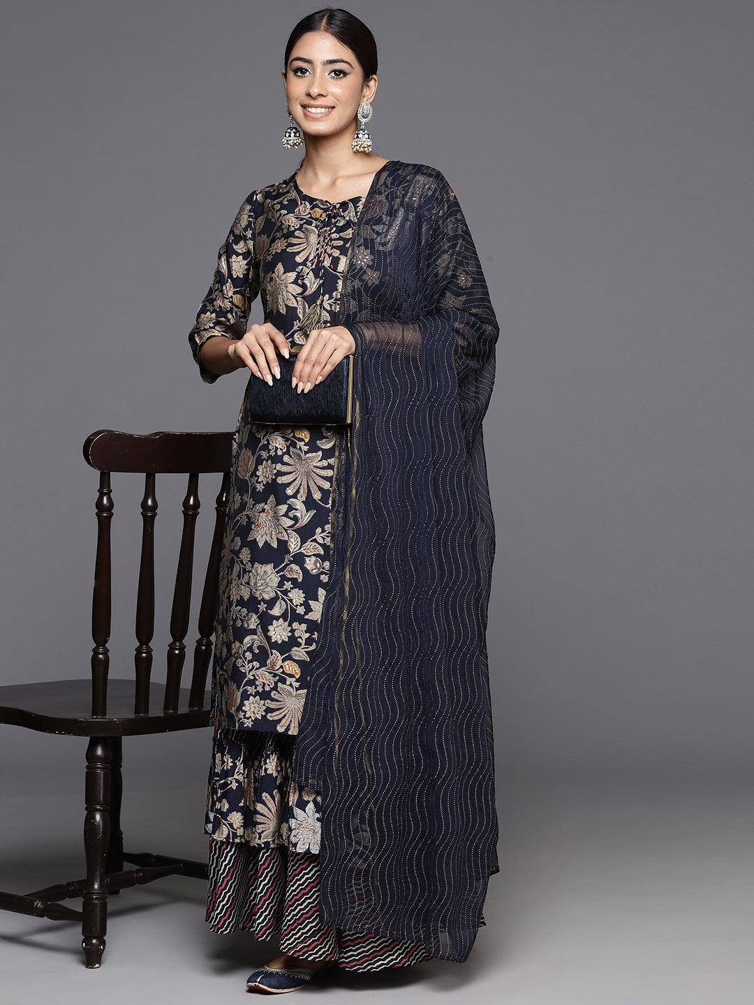 Blue Printed Silk Blend Straight Kurta With Skirt & Dupatta - Libas