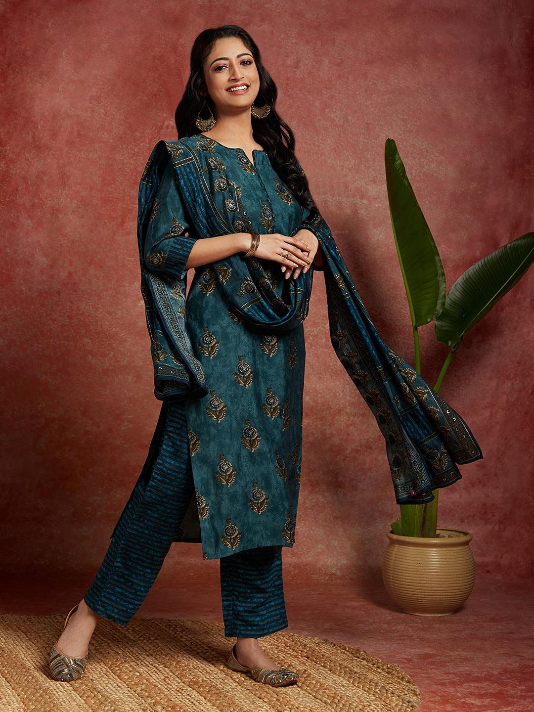 Blue Printed Silk Blend Straight Suit With Dupatta