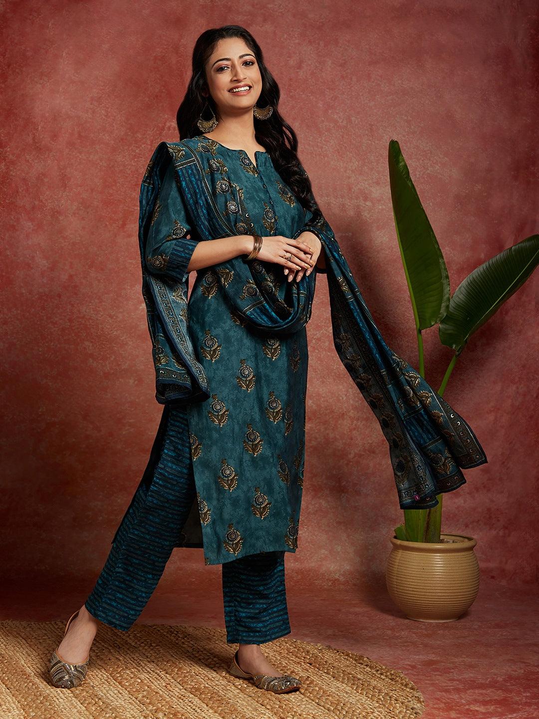 Blue Printed Silk Blend Straight Kurta With Trousers & Dupatta - Libas