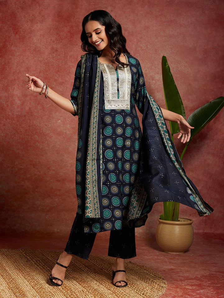 Blue Printed Silk Blend Straight Kurta With Trousers & Dupatta - Libas