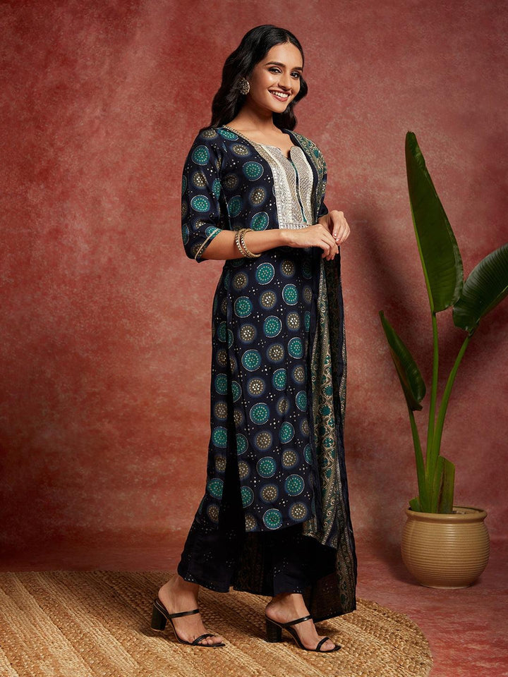 Blue Printed Silk Blend Straight Kurta With Trousers & Dupatta - Libas