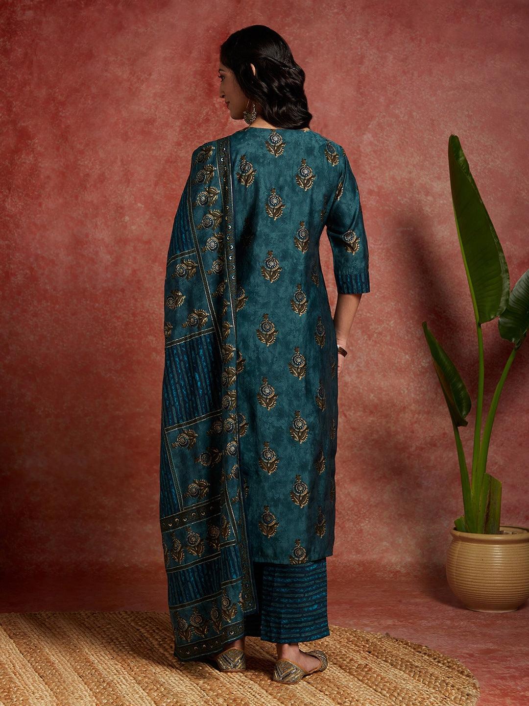 Blue Printed Silk Blend Straight Kurta With Trousers & Dupatta - Libas