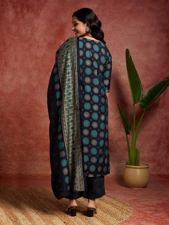 Blue Printed Silk Blend Straight Kurta With Trousers & Dupatta - Libas