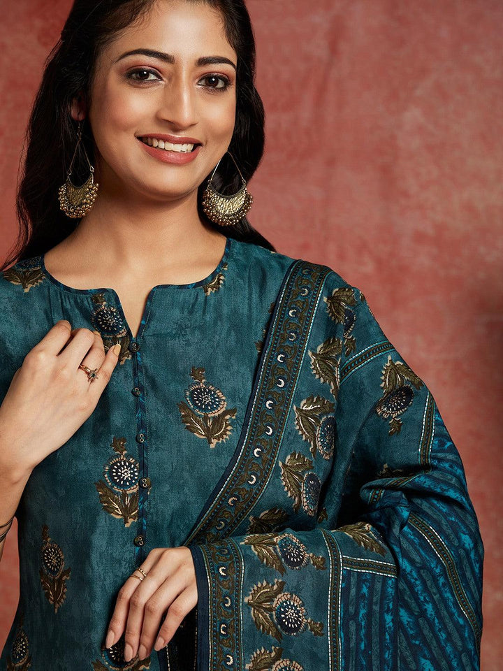 Blue Printed Silk Blend Straight Kurta With Trousers & Dupatta - Libas