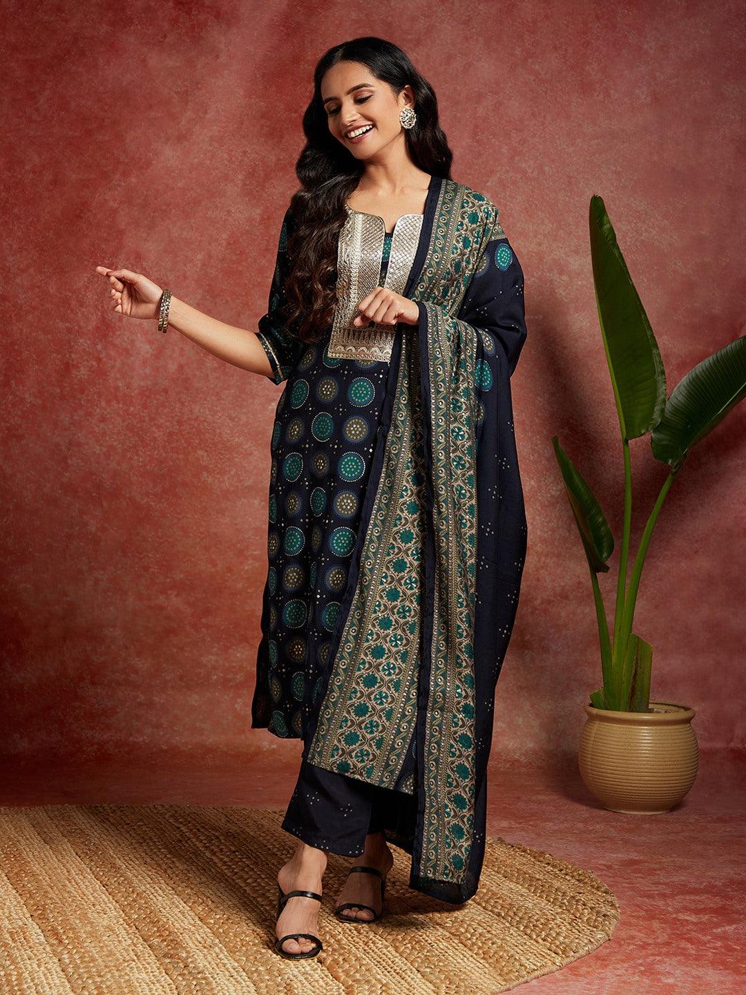 Blue Printed Silk Blend Straight Kurta With Trousers & Dupatta - Libas