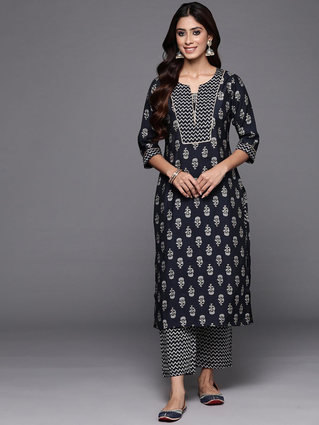 Blue Printed Silk Blend Straight Kurta With Trousers - Libas