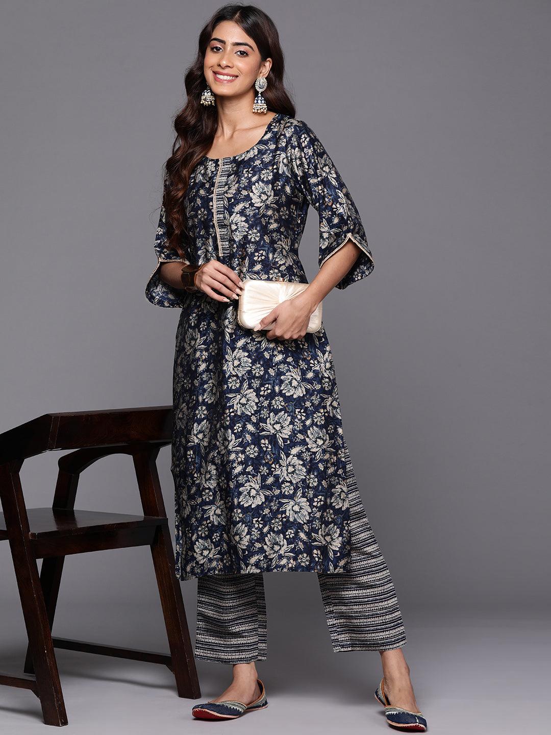 Blue Printed Silk Blend Straight Kurta With Trousers - Libas