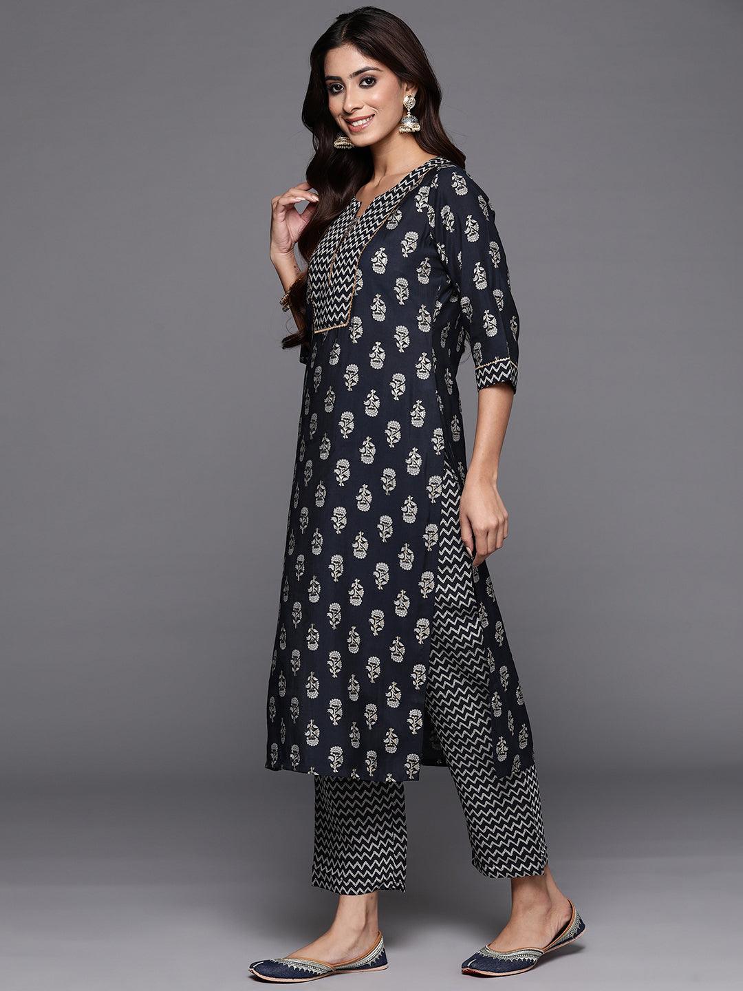 Blue Printed Silk Blend Straight Kurta With Trousers - Libas