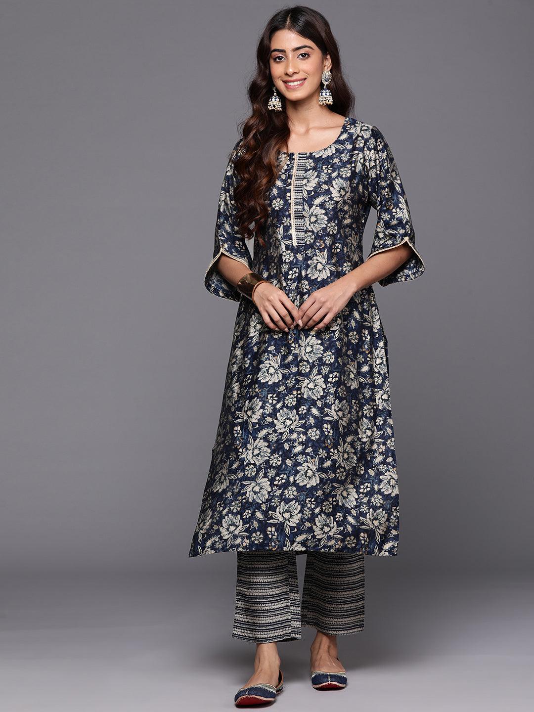 Blue Printed Silk Blend Straight Kurta With Trousers - Libas