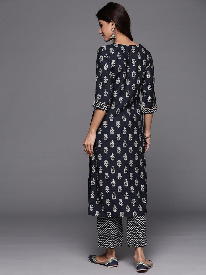 Blue Printed Silk Blend Straight Kurta With Trousers - Libas