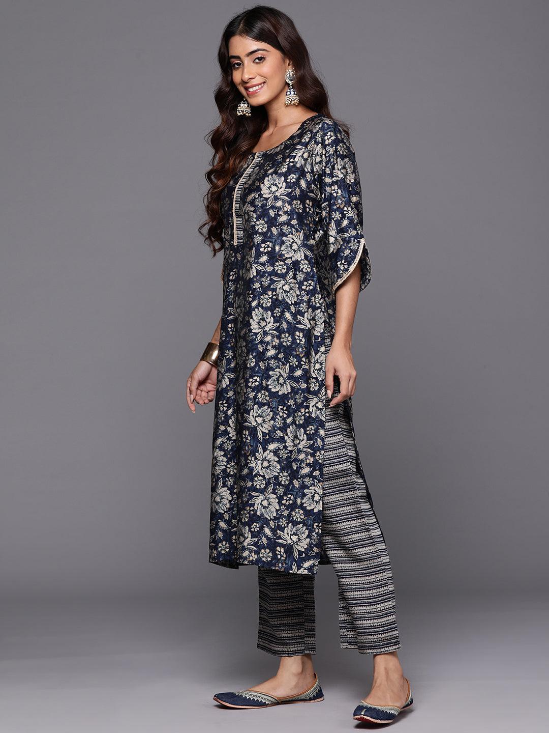 Blue Printed Silk Blend Straight Kurta With Trousers - Libas