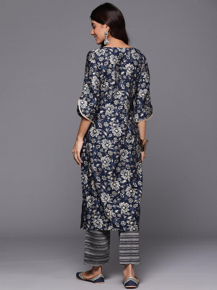 Blue Printed Silk Blend Straight Kurta With Trousers - Libas