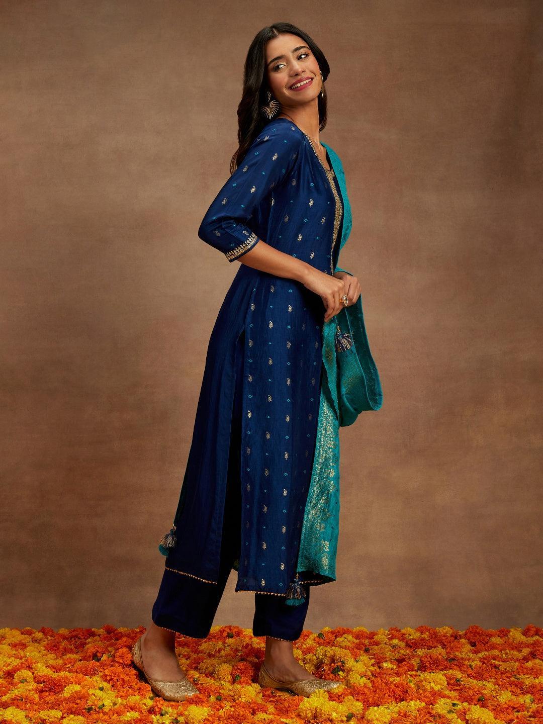 Blue Printed Silk Straight Kurta With Trousers & Dupatta - Libas