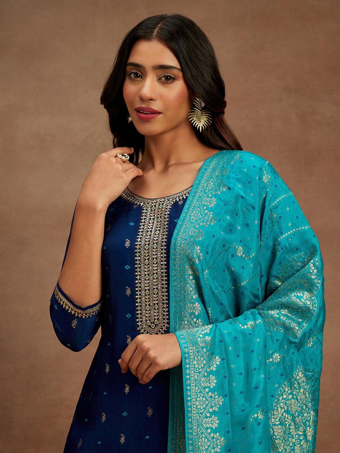 Blue Printed Silk Straight Kurta With Trousers & Dupatta - Libas