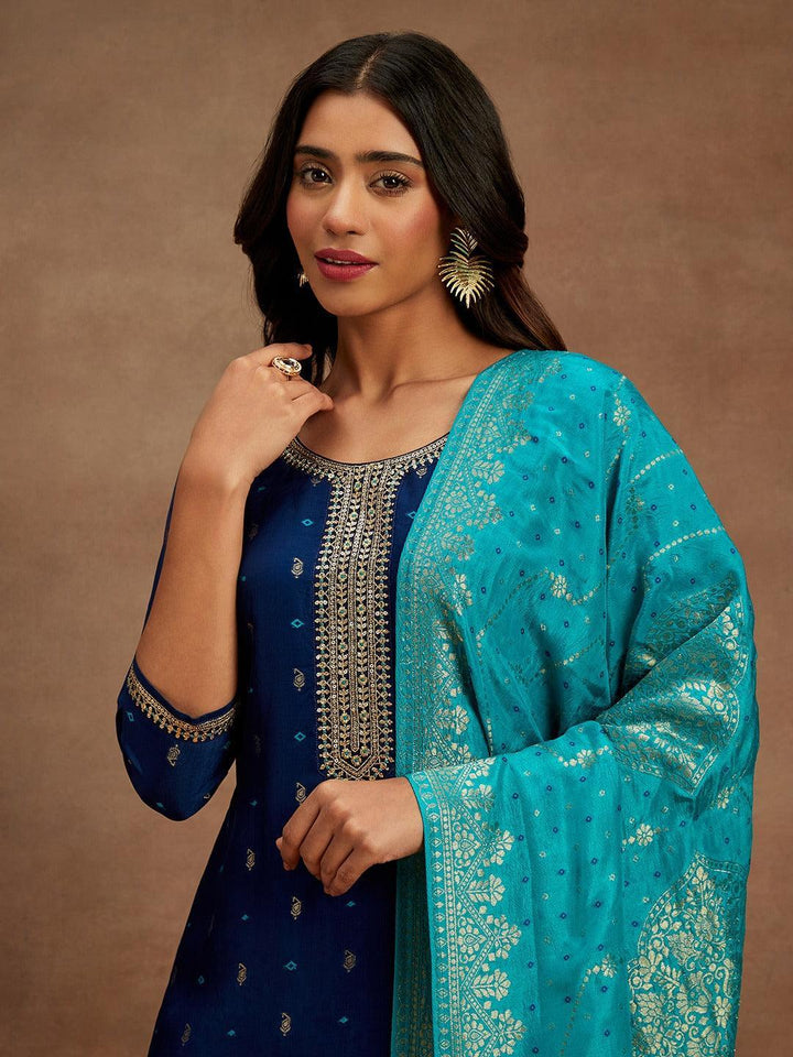 Blue Printed Silk Straight Kurta With Trousers & Dupatta - Libas