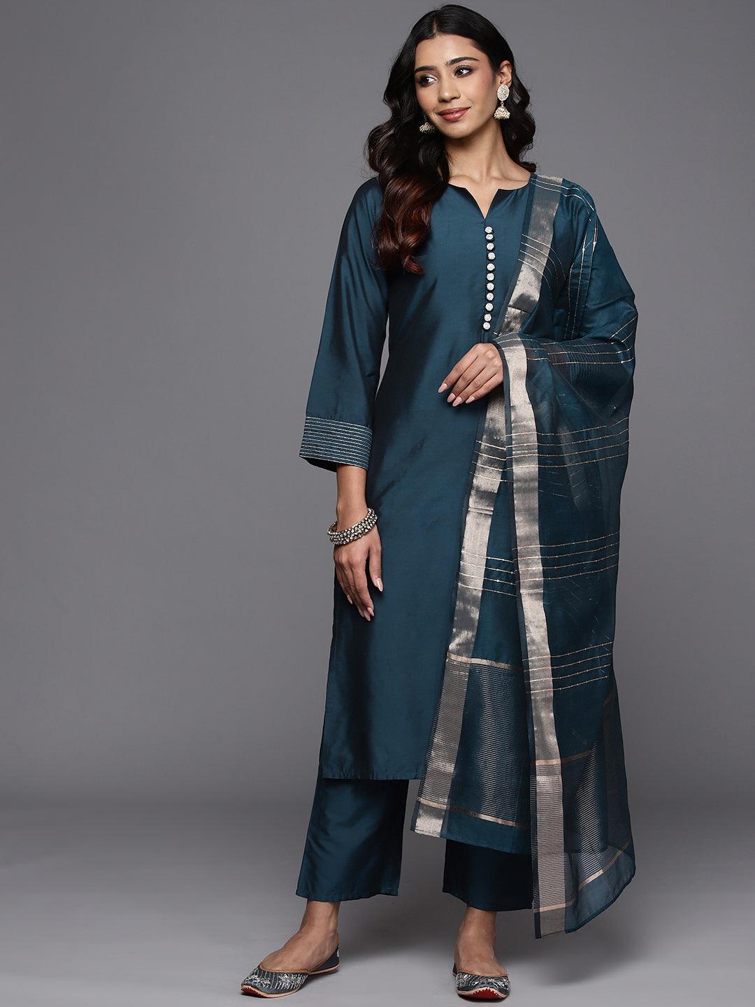 Blue Solid Silk Blend Straight Kurta With Trousers & Dupatta - Libas 