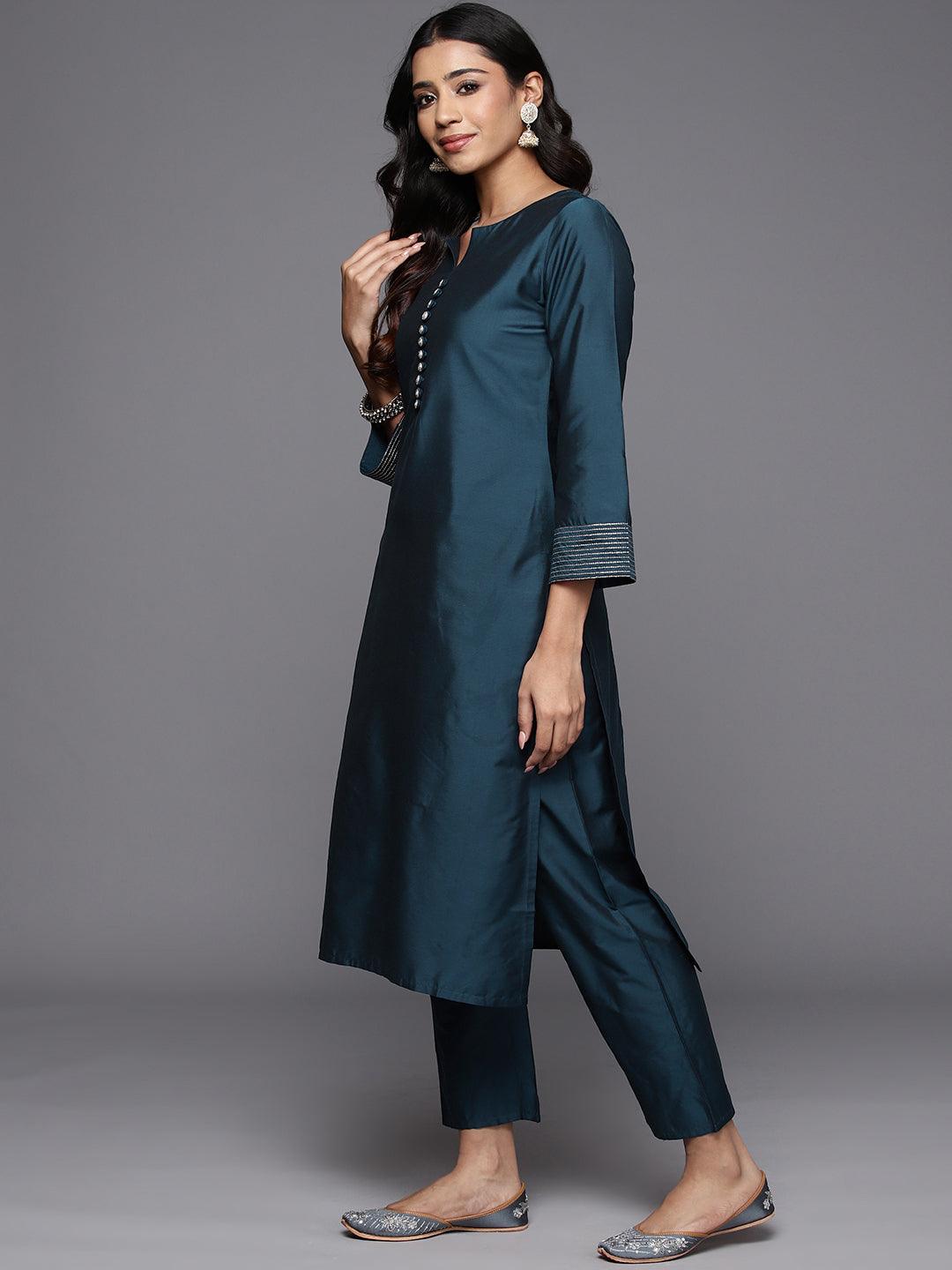 Blue Solid Silk Blend Straight Kurta With Trousers & Dupatta - Libas 