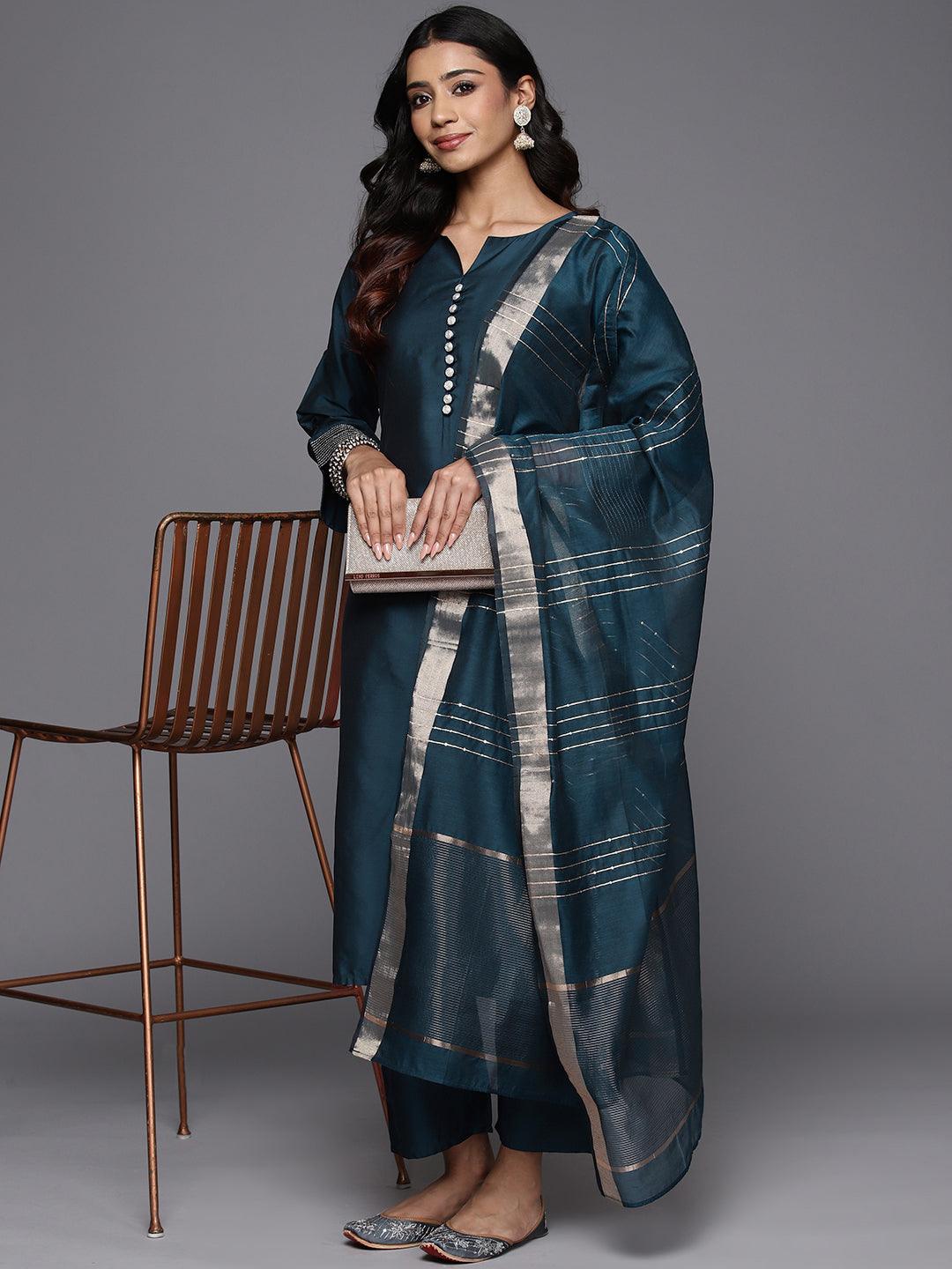 Blue Solid Silk Blend Straight Kurta With Trousers & Dupatta - Libas 