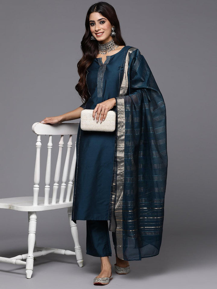 Blue Solid Silk Blend Straight Kurta With Trousers & Dupatta - Libas