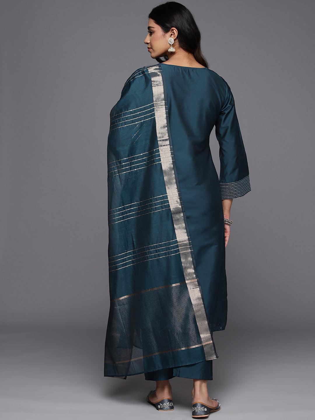 Blue Solid Silk Blend Straight Kurta With Trousers & Dupatta - Libas 