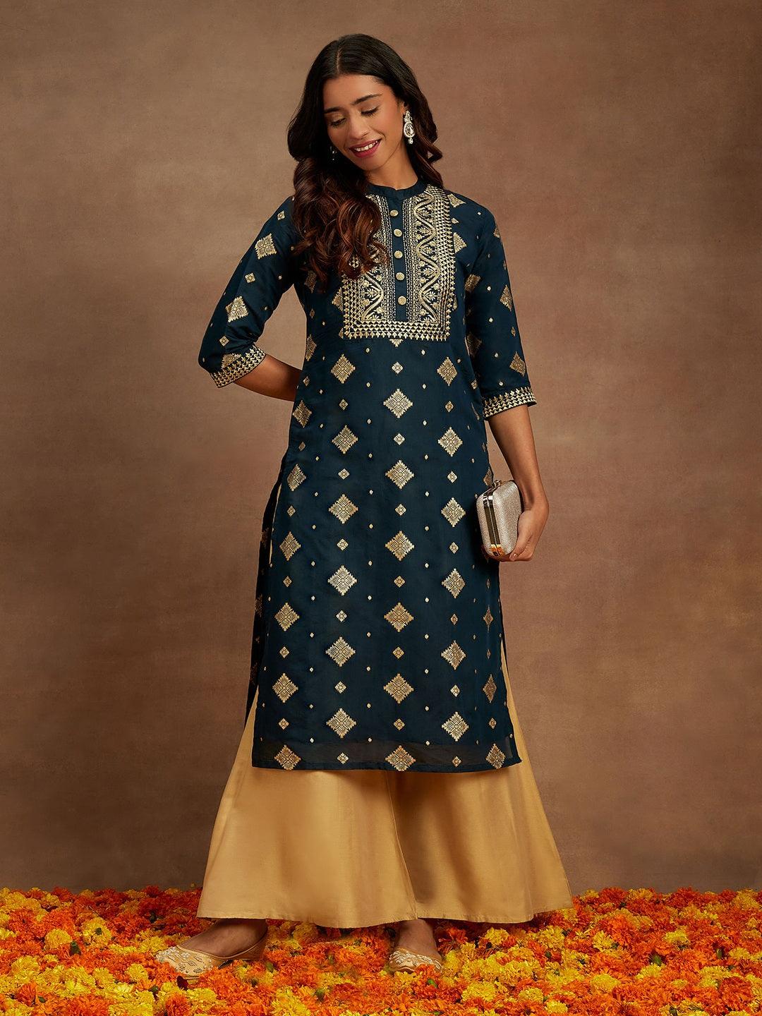 Blue Woven Design Chanderi Silk Straight Kurta - Libas