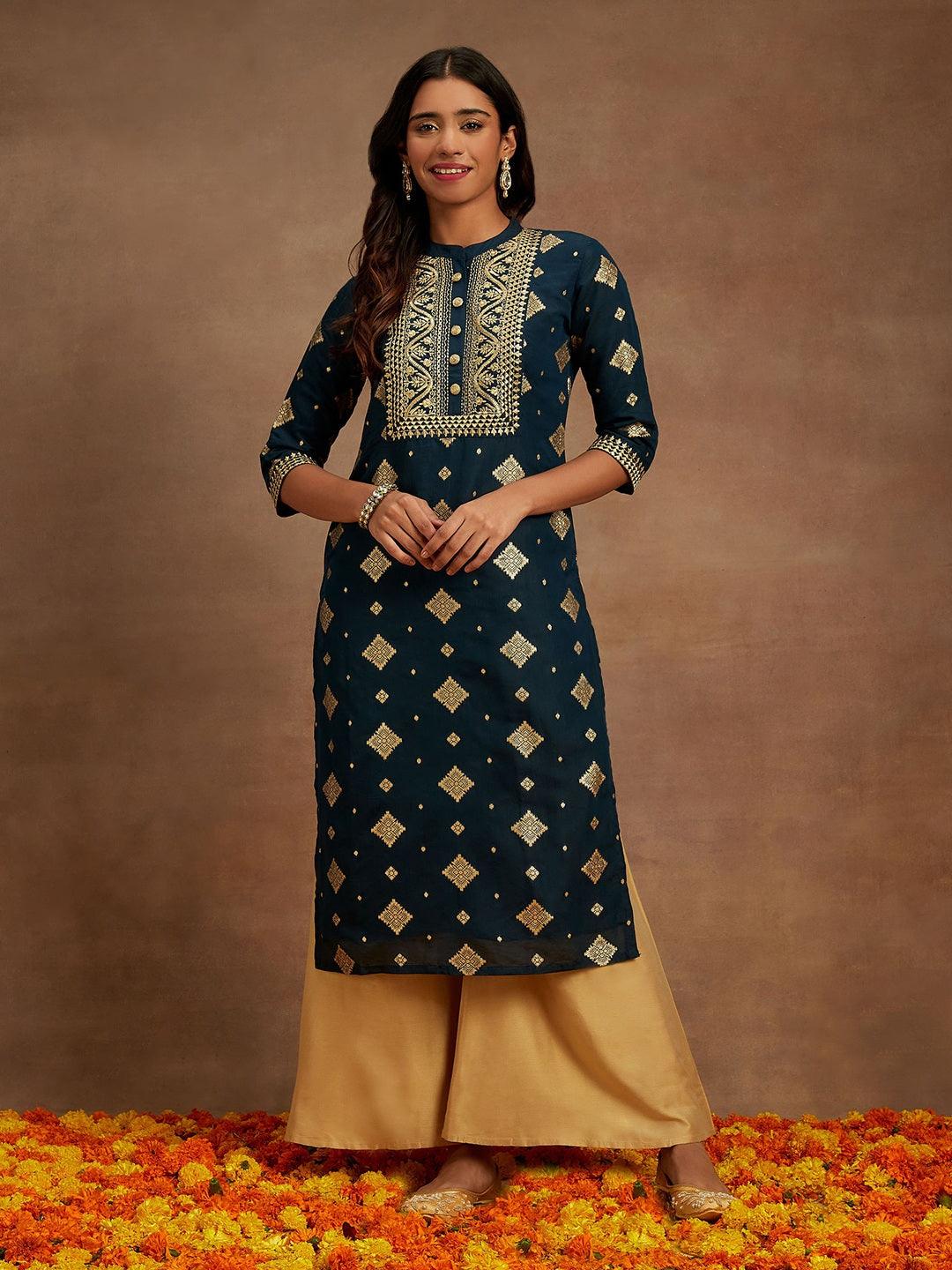 Blue Woven Design Chanderi Silk Straight Kurta - Libas 