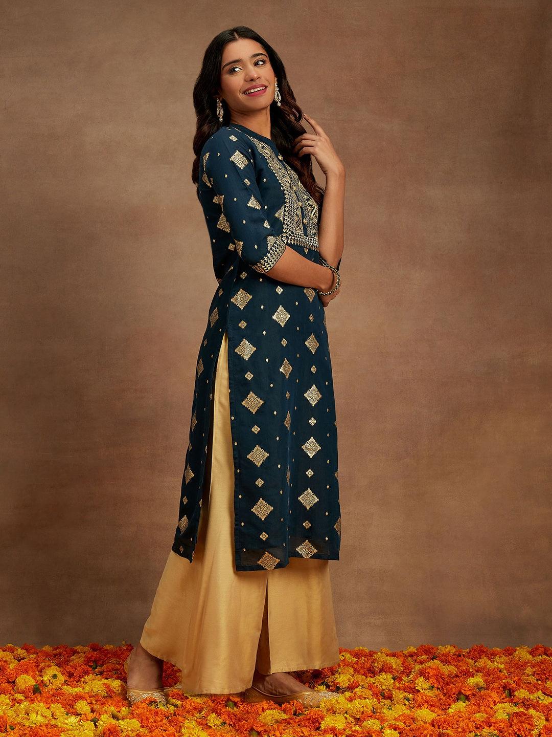 Blue Woven Design Chanderi Silk Straight Kurta - Libas 