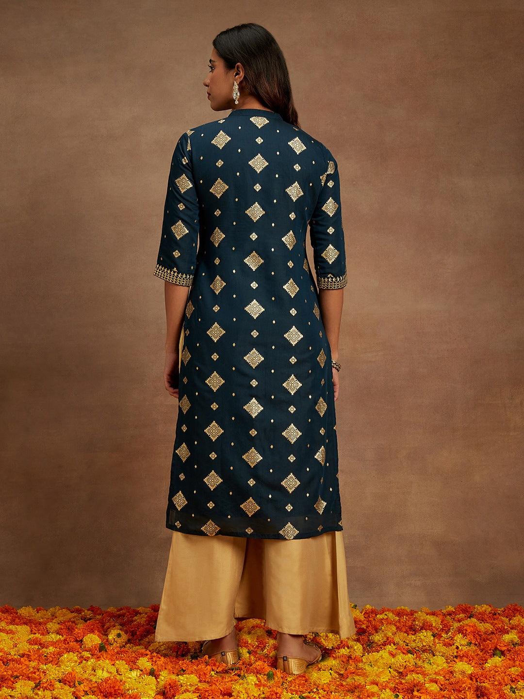 Blue Woven Design Chanderi Silk Straight Kurta - Libas 