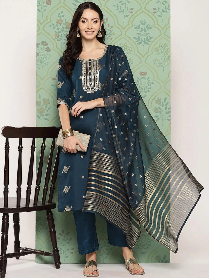 Blue Woven Design Chanderi Silk Straight Kurta With Trousers & Dupatta - Libas