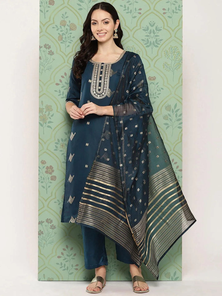 Blue Woven Design Chanderi Silk Straight Kurta With Trousers & Dupatta - Libas