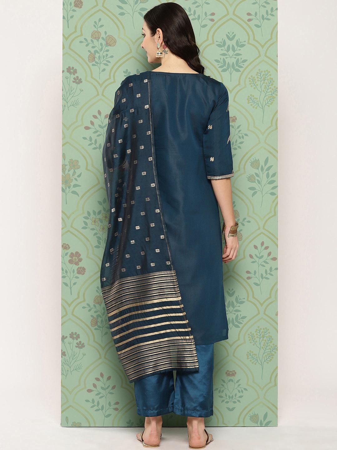 Blue Woven Design Chanderi Silk Straight Kurta With Trousers & Dupatta - Libas