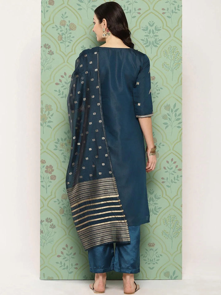 Blue Woven Design Chanderi Silk Straight Kurta With Trousers & Dupatta - Libas