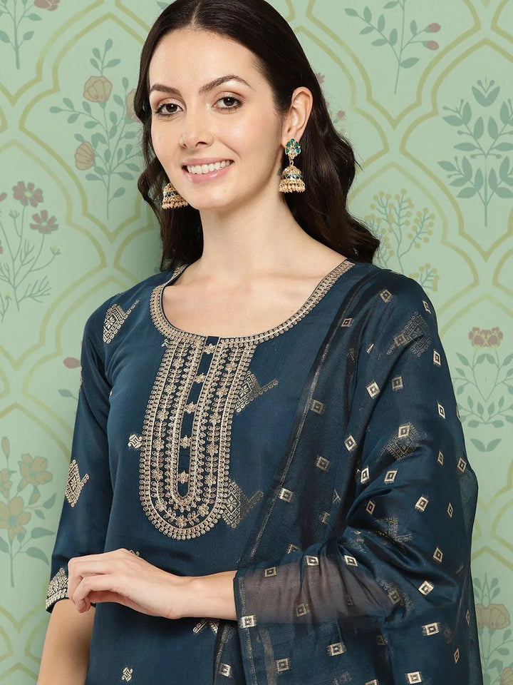 Blue Woven Design Chanderi Silk Straight Kurta With Trousers & Dupatta - Libas