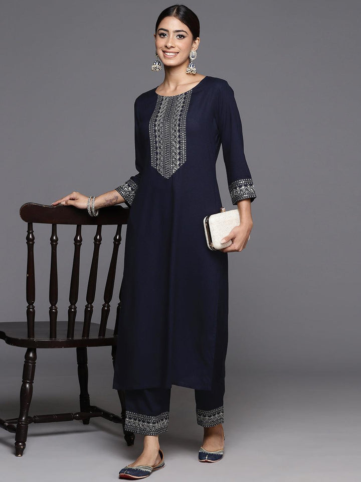 Blue Yoke Design Rayon Straight Kurta With Trousers - Libas