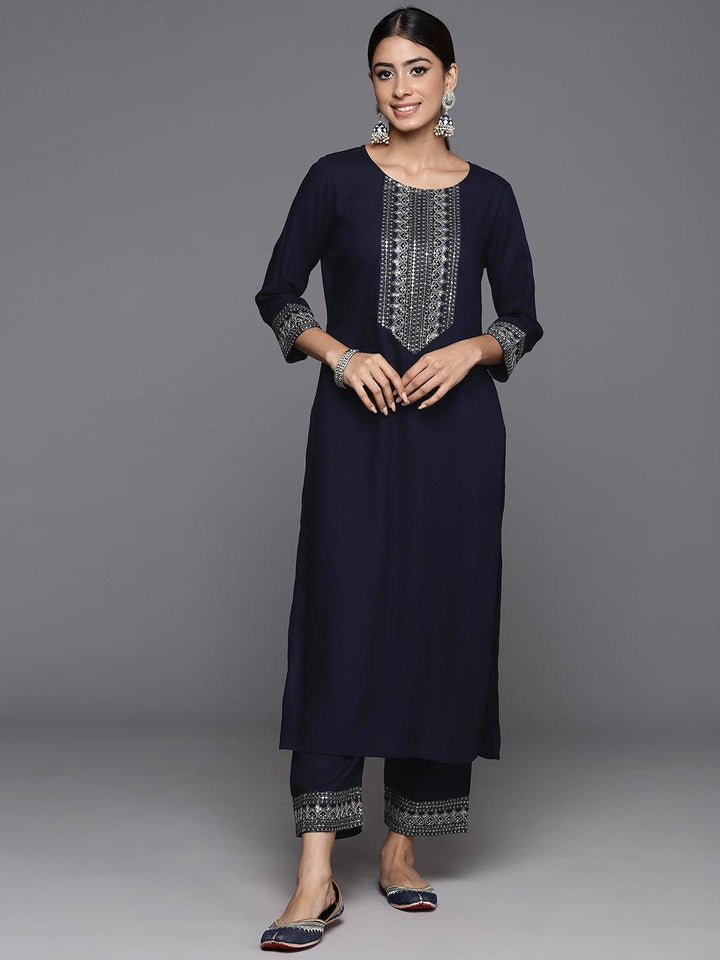 Blue Yoke Design Rayon Straight Kurta With Trousers - Libas