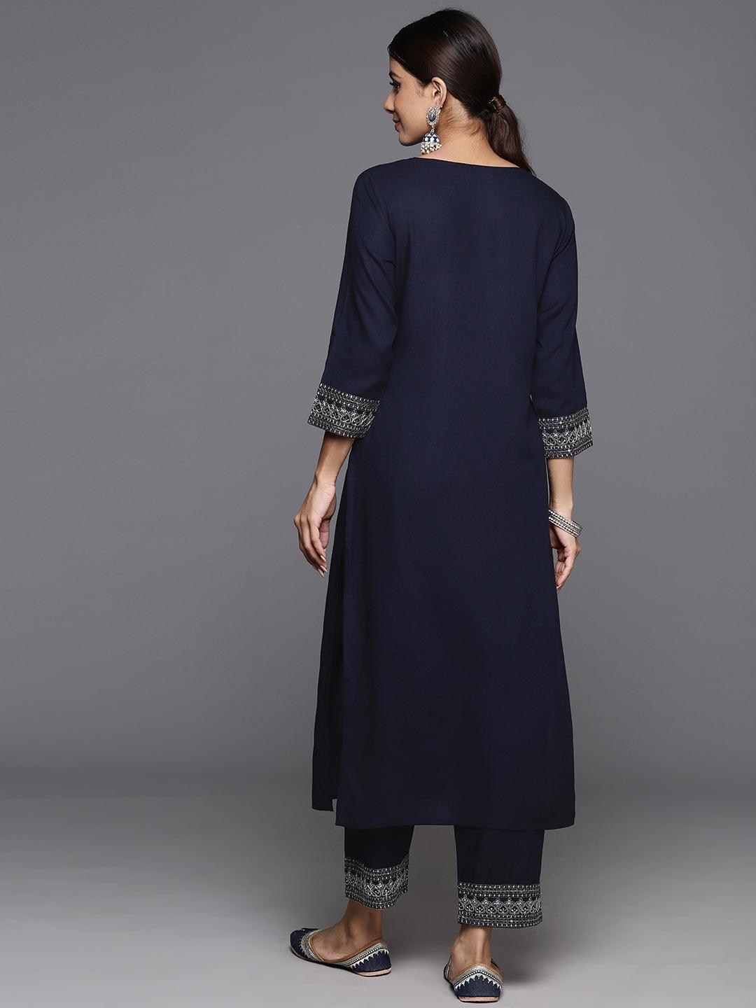 Blue Yoke Design Rayon Straight Kurta With Trousers - Libas